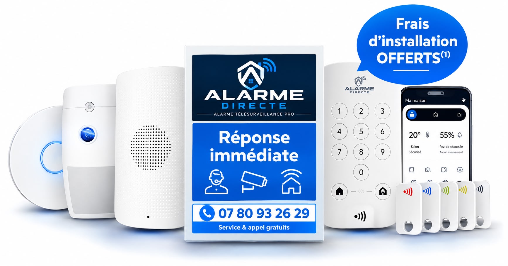 Kit Alarme Directe : détecteur d'ouverture, détecteur de mouvement, sirène, clavier, badges et application mobile